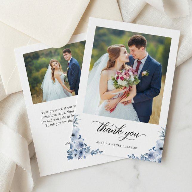 Bohemian Dusty Blue Floral Wedding Photo Thank You Card (Creator Uploaded)