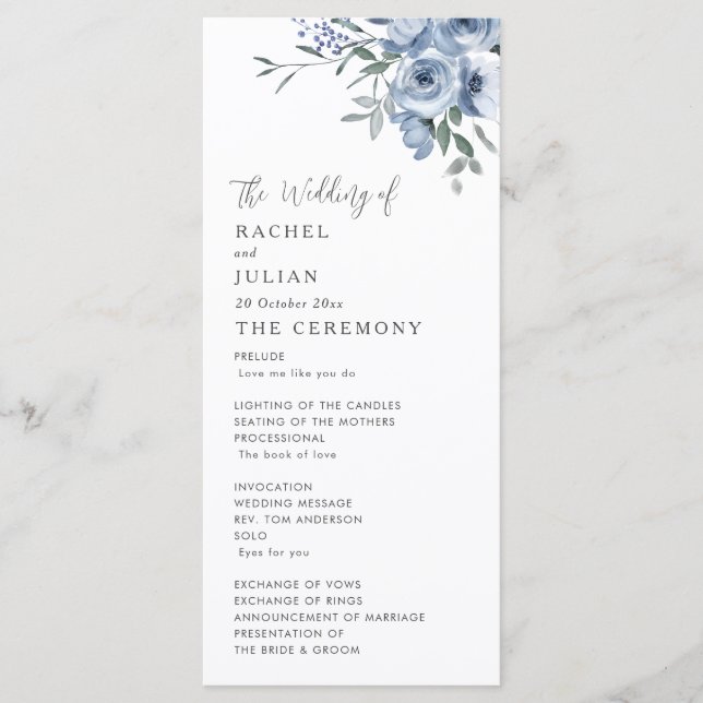 bohemian dusty blue floral wedding program programme (Front)
