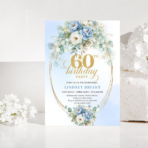 Bohemian Dusty Blue Flowers 60th Birthday Invite