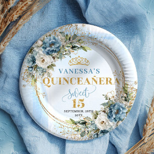 Bohemian Dusty Blue Flowers Gold Glitter Custom  Paper Plate