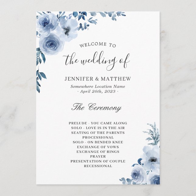 Bohemian Dusty Blue Pastel Floral Wedding Programme (Front)