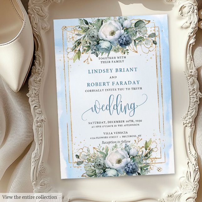 Bohemian Dusty Blue White Gold Peonies Invitation (Bohemian Dusty Blue White Gold Peonies Invitation)