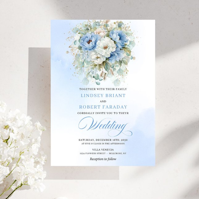 Bohemian Dusty Blue White Peony Wedding Invitation (Bohemian Dusty Blue White Peony Wedding Invitation)