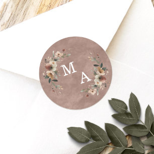 Bohemian Dusty Pink Floral Wreath Wedding Monogram Classic Round Sticker