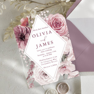 Bohemian Dusty Rose & Mauve Floral Wedding Acrylic Invitations
