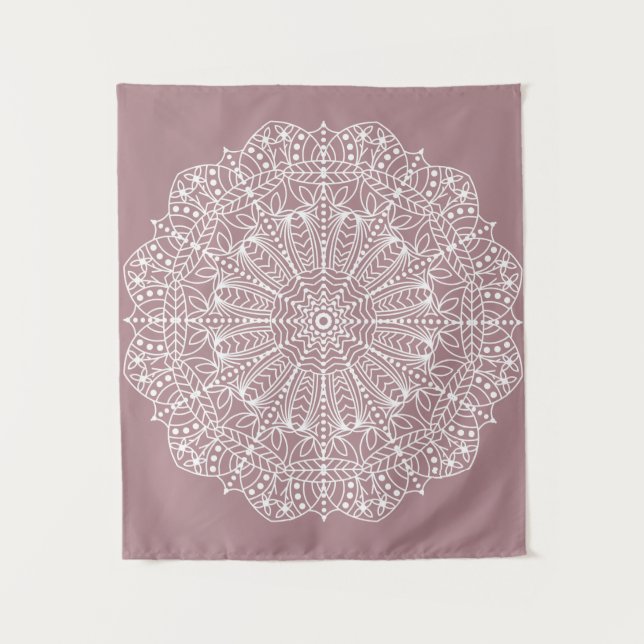 Bohemian Dusty Rose Pink White Mandala Tapestry (Front)