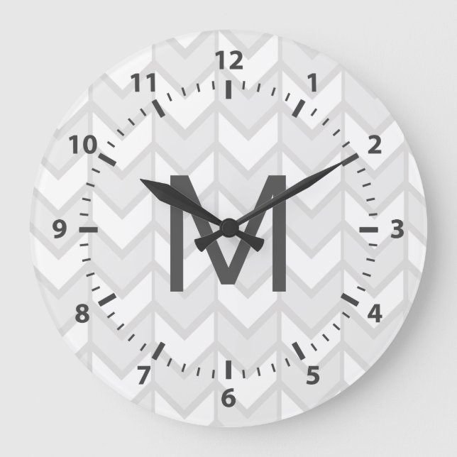 Bohemian Elegant Grey & White Chevrons Large Clock (Front)
