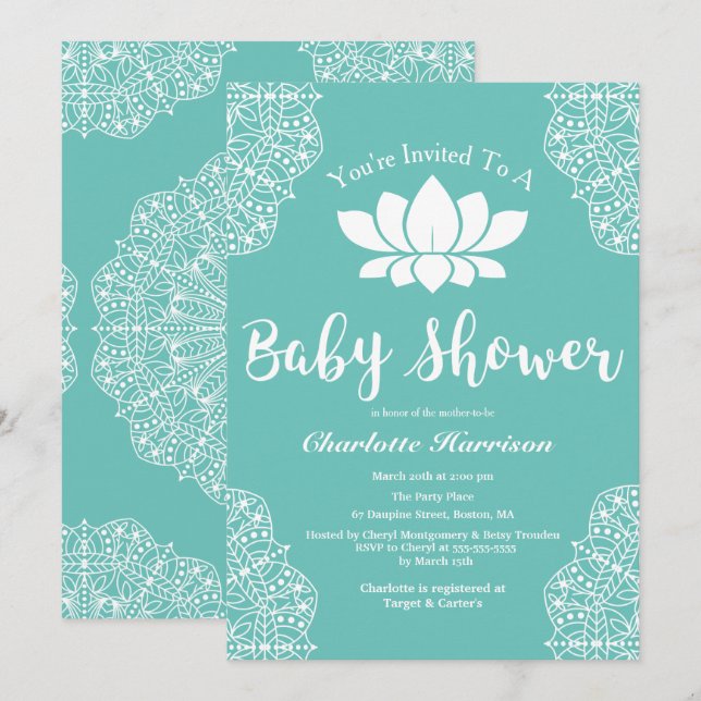 Bohemian Elegant White Lotus Mandalas Baby Shower Invitation (Front/Back)