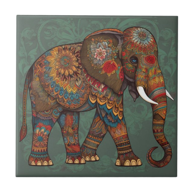 Bohemian Elephant with Decorative Art Ceramic Tile (Front)