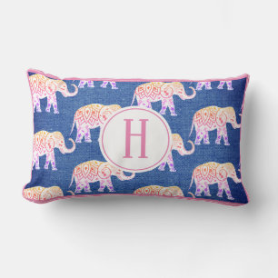 Bohemian Elephants & Faux Blue Burlap Lumbar Cushion
