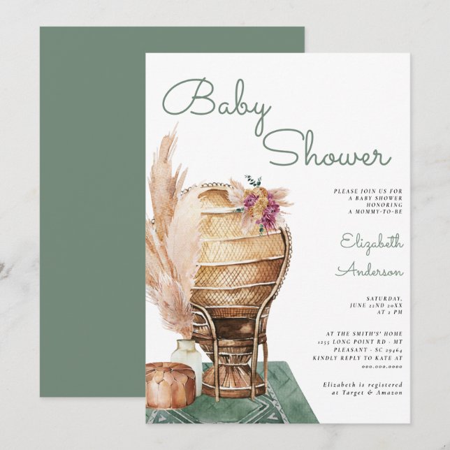 Bohemian Eucalyptus Green Pampas Boho Baby Shower Invitation (Front/Back)