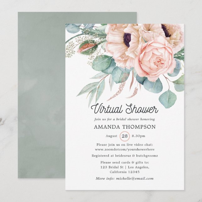Bohemian Eucalyptus Pink Poppy Virtual Shower Invitation (Front/Back)