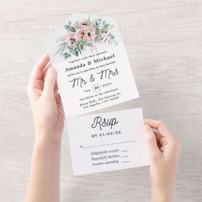 Bohemian Eucalyptus Pink Poppy Wedding All In One Invitation (Tearaway)