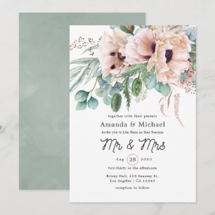Bohemian Eucalyptus Pink Poppy Wedding Invitation
