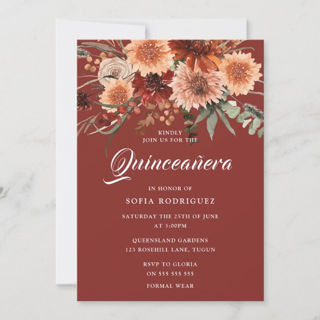 Bohemian Fall Summer Floral Terracotta Quinceanera Invitation (Front)