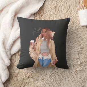 Bohemian Faux Glitter Girl Tan Hair Brown Pink  Cushion