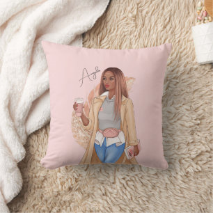 Bohemian Faux Glitter Girl Tan Hair Brown Pink  Cushion