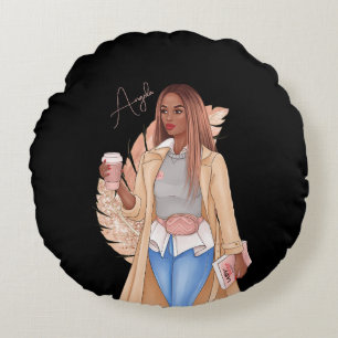 Bohemian Faux Glitter Girl Tan Hair Brown Pink Round Cushion