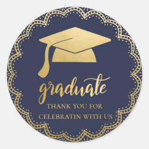 Bohemian Faux Gold Foil Graduate Hat Blue Classic Round Sticker