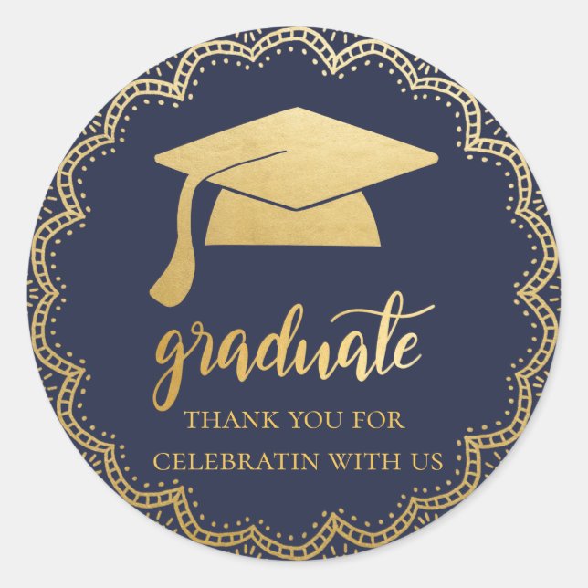 Bohemian Faux Gold Foil Graduate Hat | Blue Classic Round Sticker (Front)