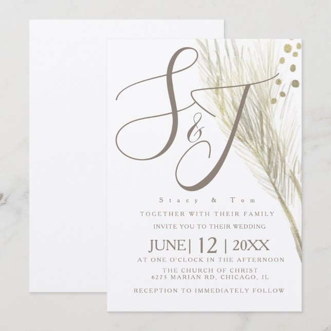 Bohemian Faux Gold Foil Pampas Wedding Ivory Invitation (Front/Back)