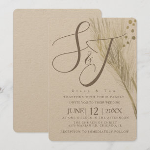 Bohemian Faux Gold Foil Pampas Wedding Kraft Invitation