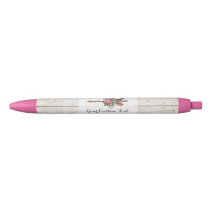 Bohemian Feather Arrow & Rose on Rustic White Wood Black Ink Pen
