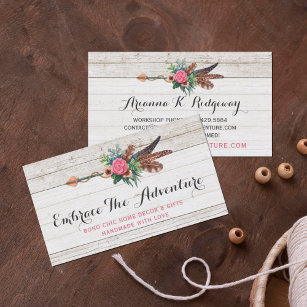 Bohemian Feather Arrow & Rose on Rustic White Wood Business Card