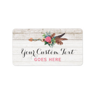 Bohemian Feather Arrow & Rose on Rustic White Wood Label