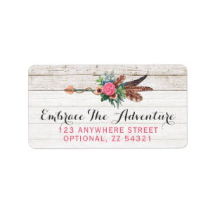 Bohemian Feather Arrow & Rose on Rustic White Wood Label