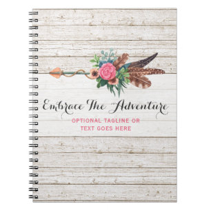 Bohemian Feather Arrow & Rose on Rustic White Wood Notebook