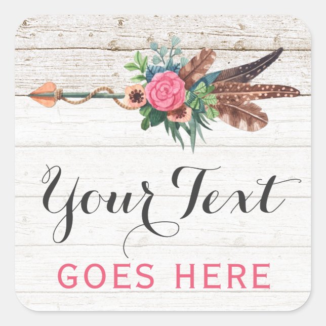 Bohemian Feather Arrow & Rose on Rustic White Wood Square Sticker (Front)