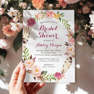 Bohemian Feather Boho Floral Wreath Bridal Shower Invitation