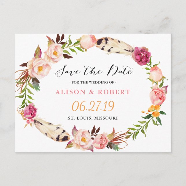 Bohemian Feather Boho Floral Wreath Save the Date Announcement Postcard (Front)