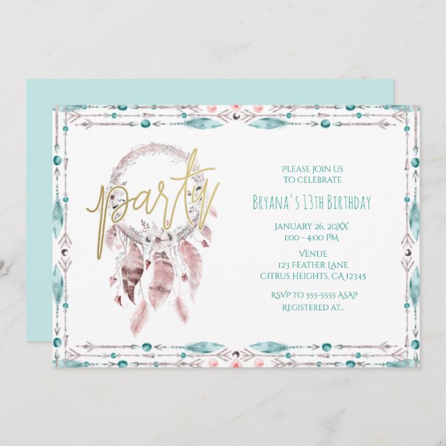 Bohemian Feather Dream Catcher Teal Birthday Party Invitation (Front/Back)