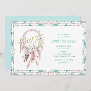 Bohemian Feather Dream Catcher Teal Birthday Party Invitation
