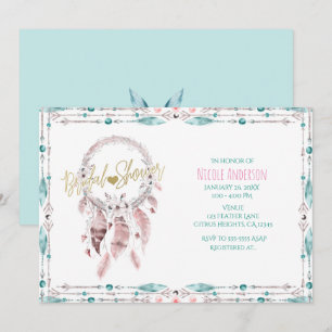 Bohemian Feather Dream Catcher Teal Bridal Shower Invitation