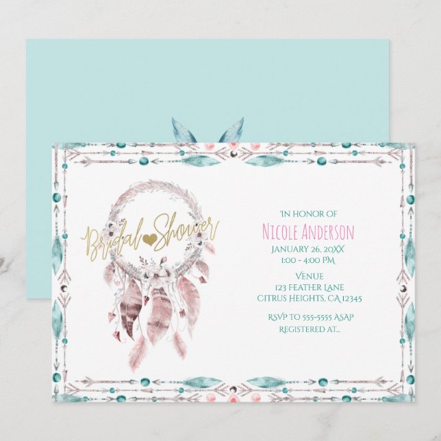 Bohemian Feather Dream Catcher Teal Bridal Shower Invitation (Front/Back)