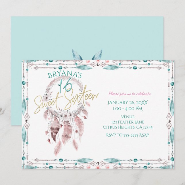 Bohemian Feather Dream Catcher Teal Pink Sweet 16 Invitation (Front/Back)