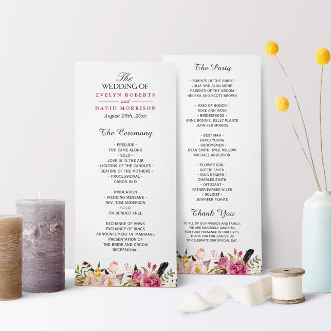 Bohemian Feather Floral Boho Wedding Program Programme (Creator Uploaded)
