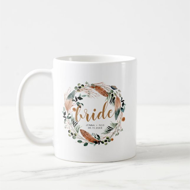 Bohemian Feather Greenery Boho Bride Mug (Left)
