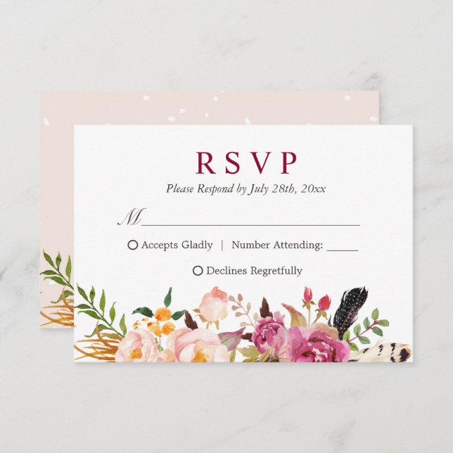 Bohemian Feather Rustic Floral Boho RSVP (Front/Back)