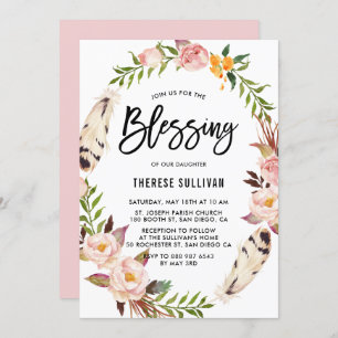 Bohemian Feathers and Floral Wreath Baby Blessing Invitation