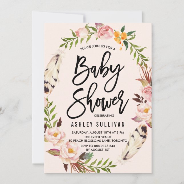 Bohemian Feathers and Floral Wreath Baby Shower Invitation (Front)