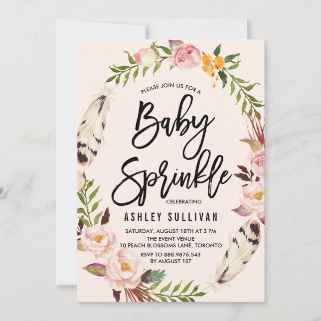 Bohemian Feathers and Floral Wreath Baby Sprinkle Invitation (Front)