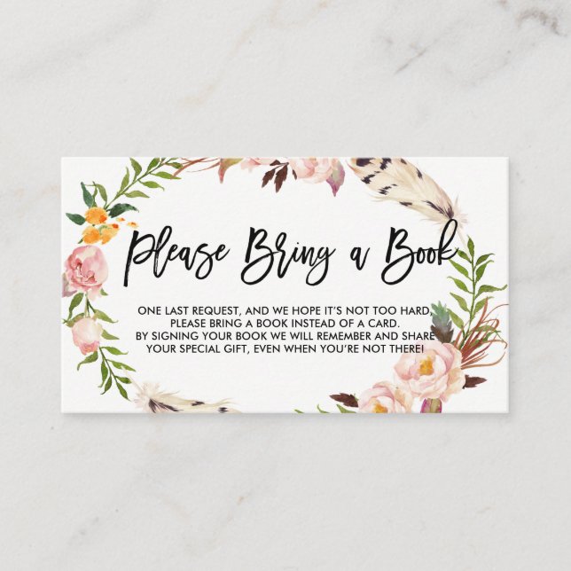 Bohemian Feathers and Flowers Please Bring a Book Enclosure Card (Front)