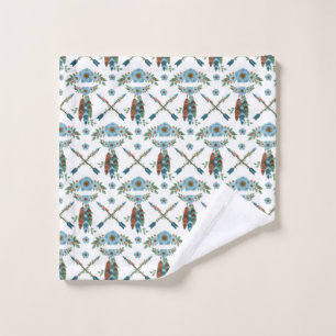 Bohemian Feathers Dreamcatcher Blue Flowers Arrows Wash Cloth