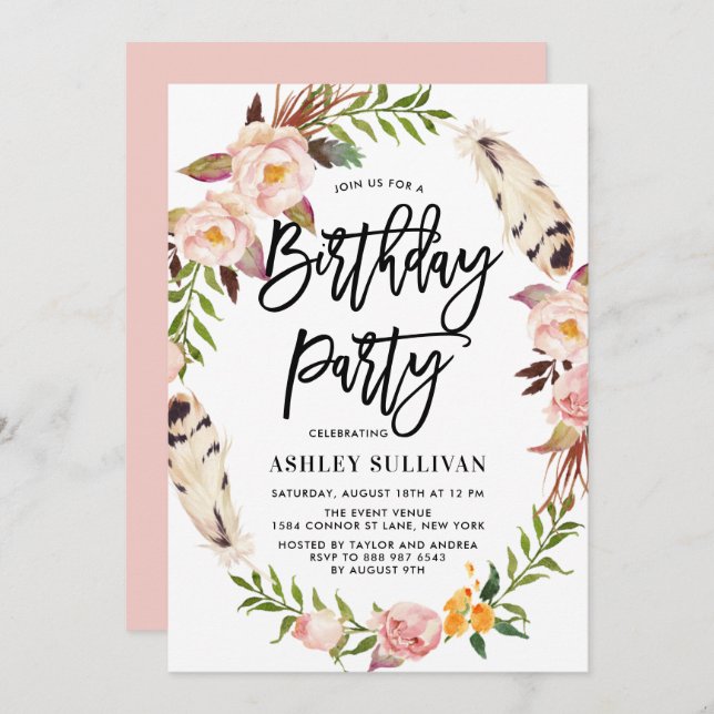 Bohemian Feathers & Floral Wreath Birthday Party Invitation (Front/Back)