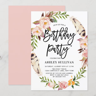 Bohemian Feathers & Floral Wreath Birthday Party Invitation