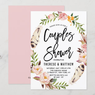 Bohemian Feathers & Floral Wreath Couples Shower Invitation